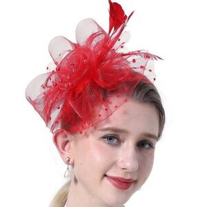 Red Headpiece Headband Hat Beret Flower Mesh Feather Detail Festive Accessories